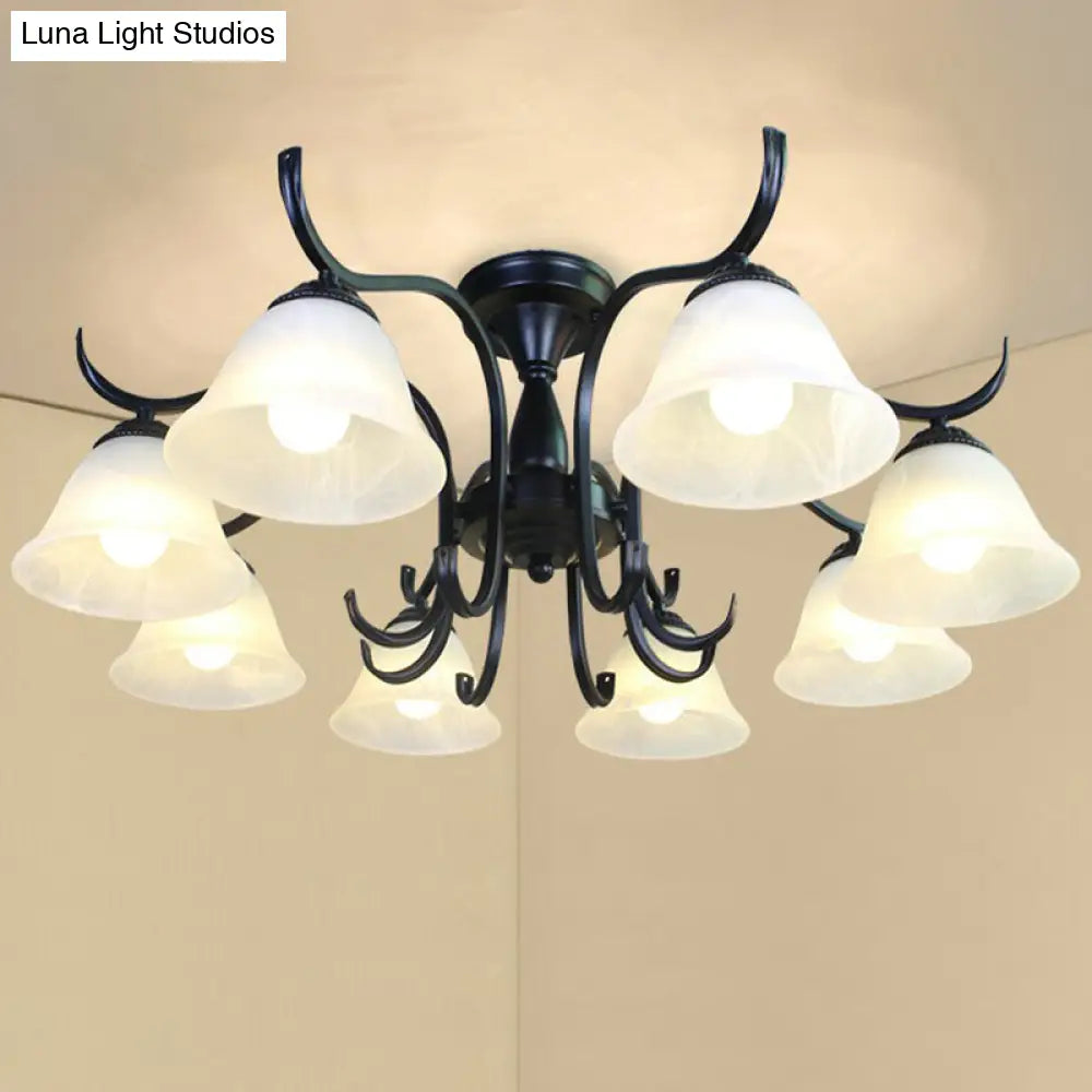 Vintage Opal Glass Semi Flush Mount Chandelier - Black Bell Shaped Ceiling Light for Living Room