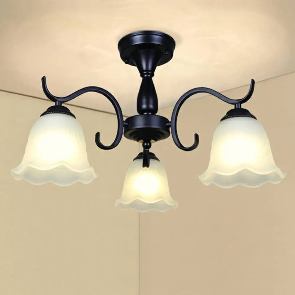 Vintage Opal Glass Semi Flush Mount Chandelier - Black Bell Shaped Ceiling Light for Living Room