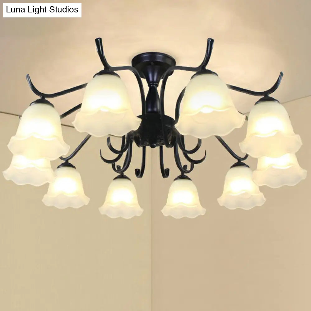Vintage Opal Glass Semi Flush Mount Chandelier - Black Bell Shaped Ceiling Light for Living Room