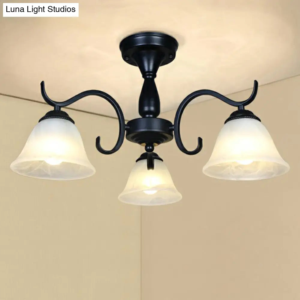 Vintage Opal Glass Semi Flush Mount Chandelier - Black Bell Shaped Ceiling Light for Living Room