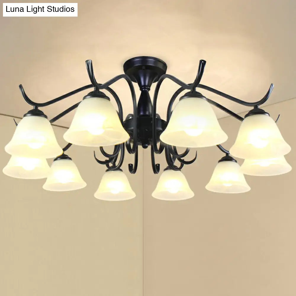 Vintage Opal Glass Semi Flush Mount Chandelier - Black Bell Shaped Ceiling Light for Living Room