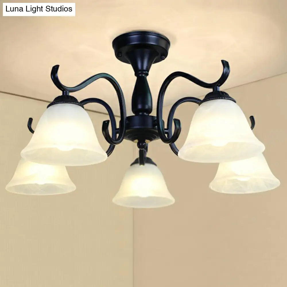 Vintage Opal Glass Semi Flush Mount Chandelier - Black Bell Shaped Ceiling Light for Living Room