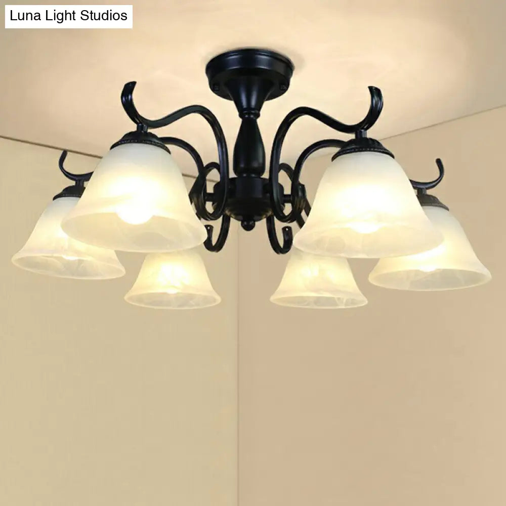 Vintage Opal Glass Semi Flush Mount Chandelier - Black Bell Shaped Ceiling Light for Living Room