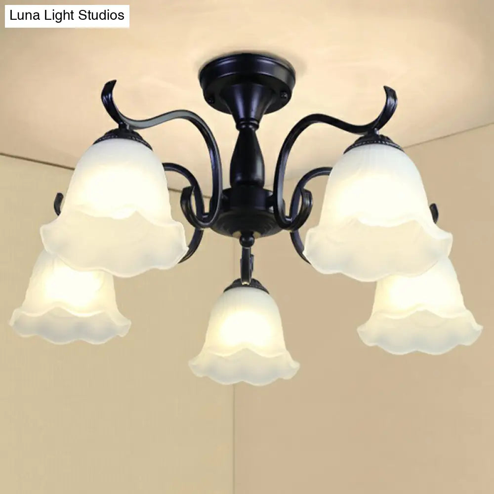 Vintage Opal Glass Semi Flush Mount Chandelier - Black Bell Shaped Ceiling Light for Living Room