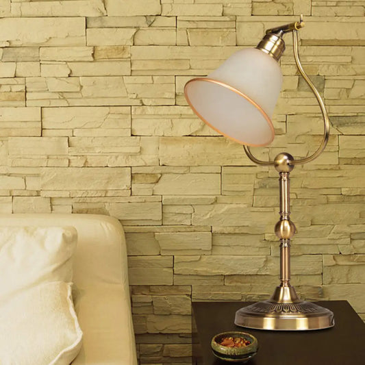 Vintage Opal Glass Table Lamp with Brass Jar Frame and Bell Shade