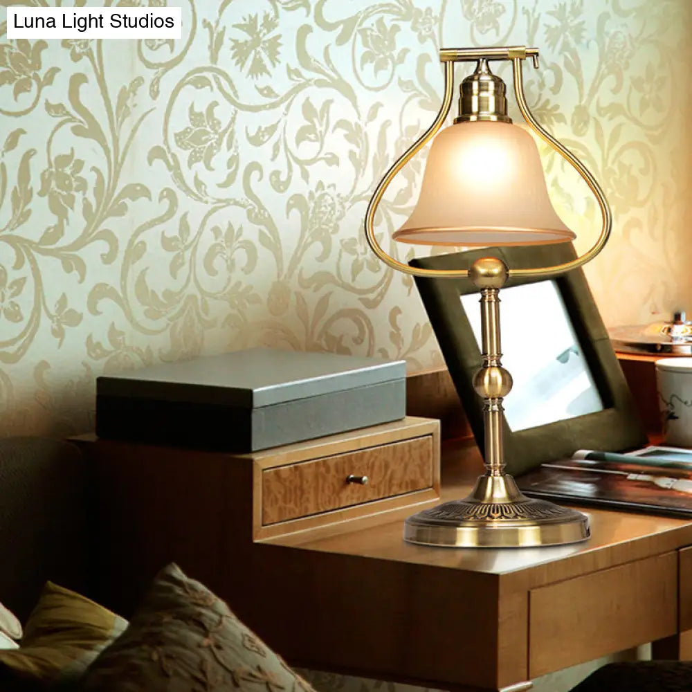 Vintage Opal Glass Table Lamp with Brass Jar Frame and Bell Shade