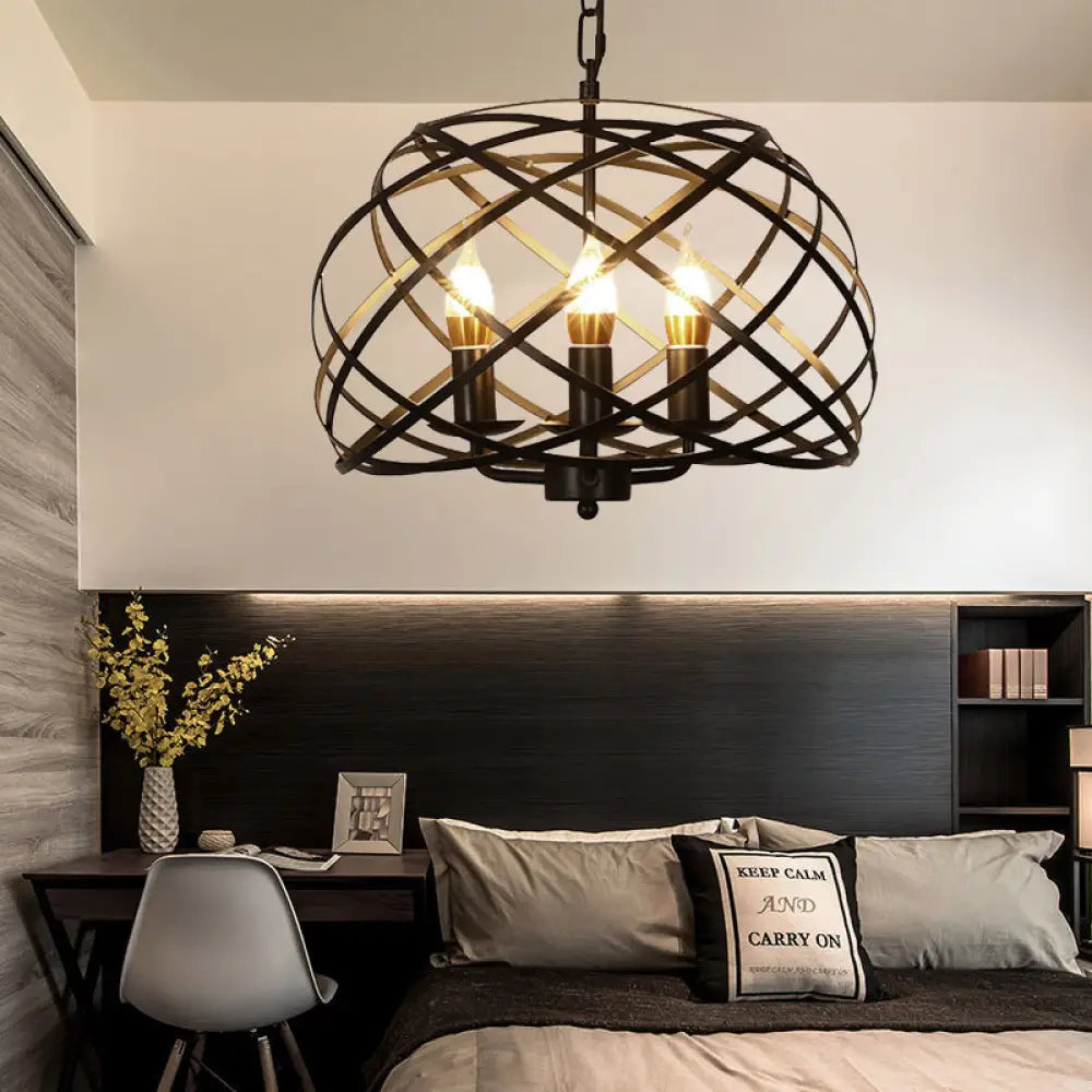 Vintage Open Cage Hanging Light with 3 Candle Chandelier Heads - Stylish & Elegant Black Design