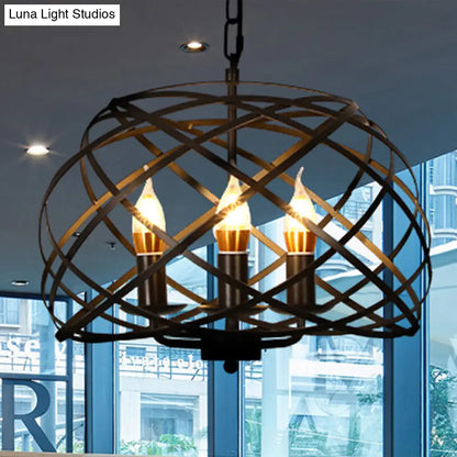 Vintage Open Cage Hanging Light with 3 Candle Chandelier Heads - Stylish & Elegant Black Design