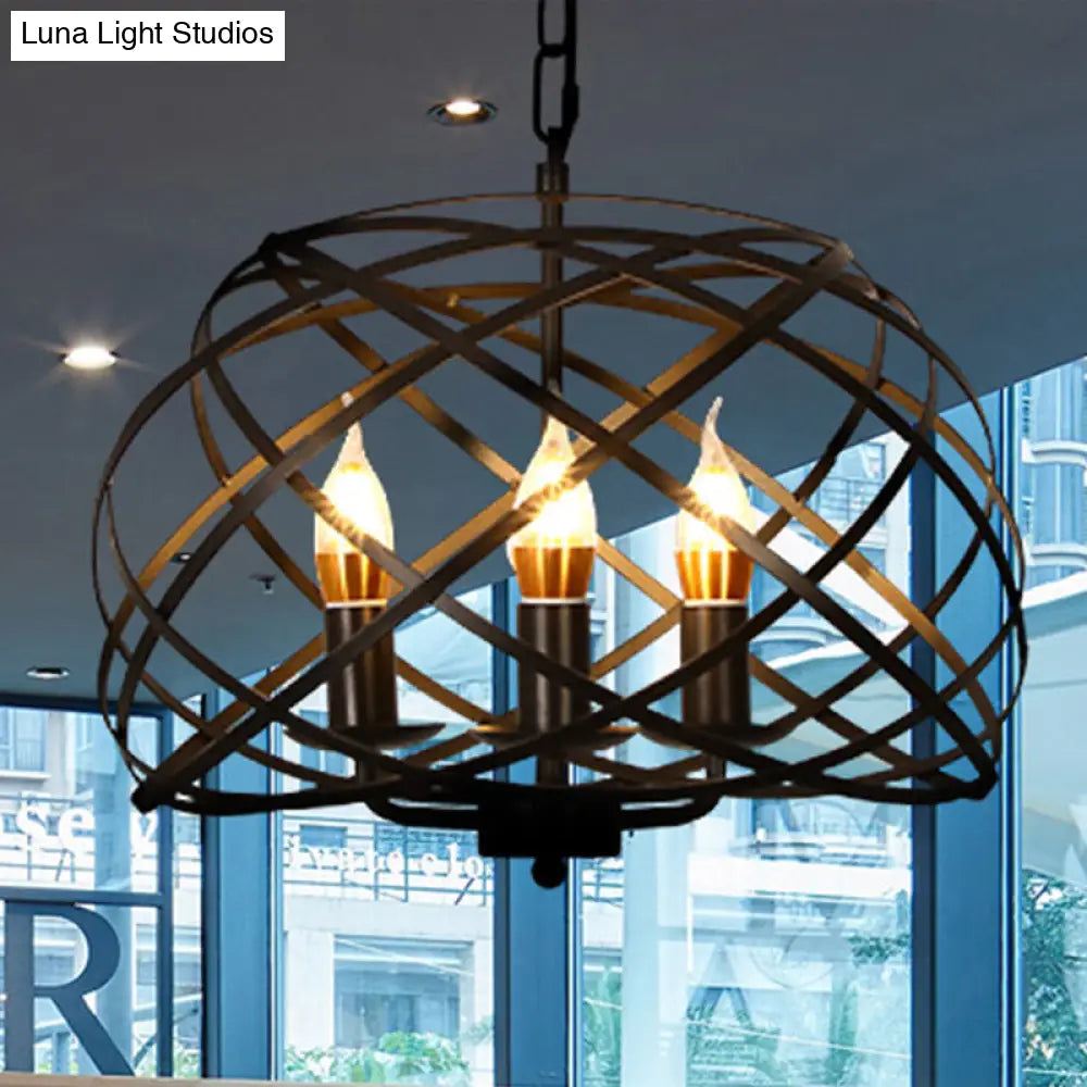 Vintage Open Cage Hanging Light with 3 Candle Chandelier Heads - Stylish & Elegant Black Design