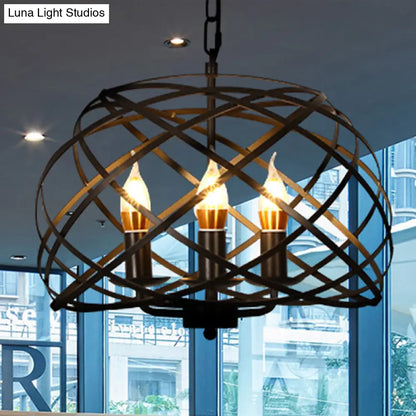 Vintage Open Cage Hanging Light with 3 Candle Chandelier Heads - Stylish & Elegant Black Design