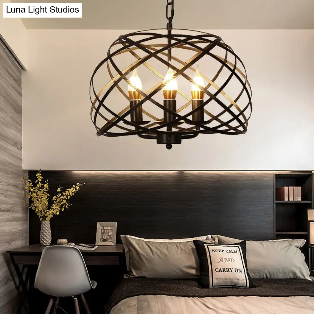Vintage Open Cage Hanging Light with 3 Candle Chandelier Heads - Stylish & Elegant Black Design