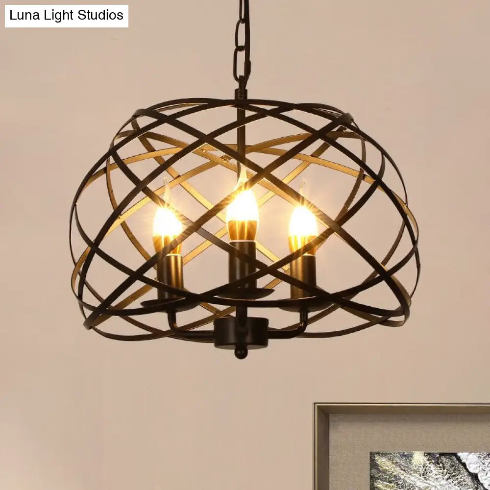 Vintage Open Cage Hanging Light with 3 Candle Chandelier Heads - Stylish & Elegant Black Design