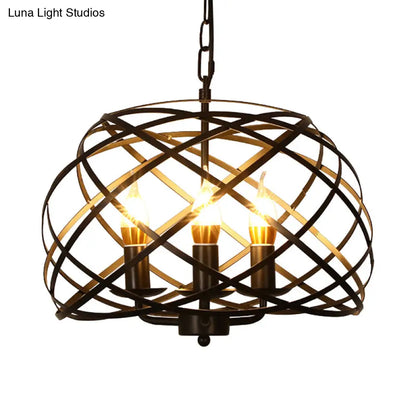 Vintage Open Cage Hanging Light with 3 Candle Chandelier Heads - Stylish & Elegant Black Design
