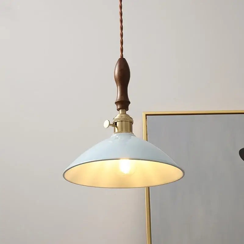 Vintage pale blue enamel pendant light with brass hardware, dark wood handle, and decorbites ceramic knob switch for living room