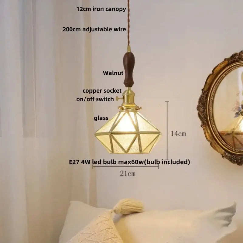 Vintage pale blue enamel pendant light featuring a warm geometric glass design with decorbites ceramic knob switch