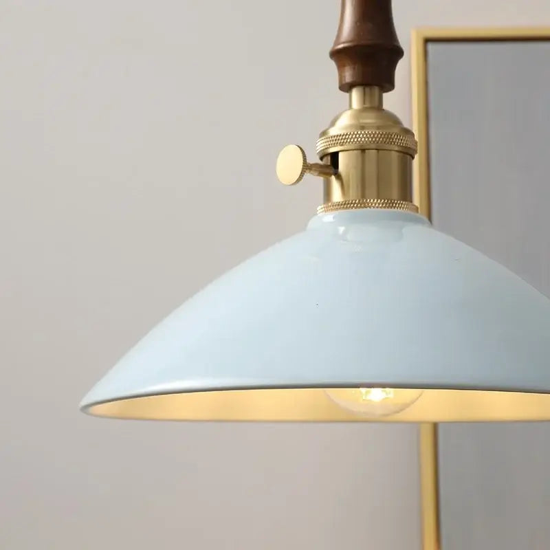 Vintage pale blue enamel pendant light with brass fixture and decorbites ceramic knob switch for living room decor