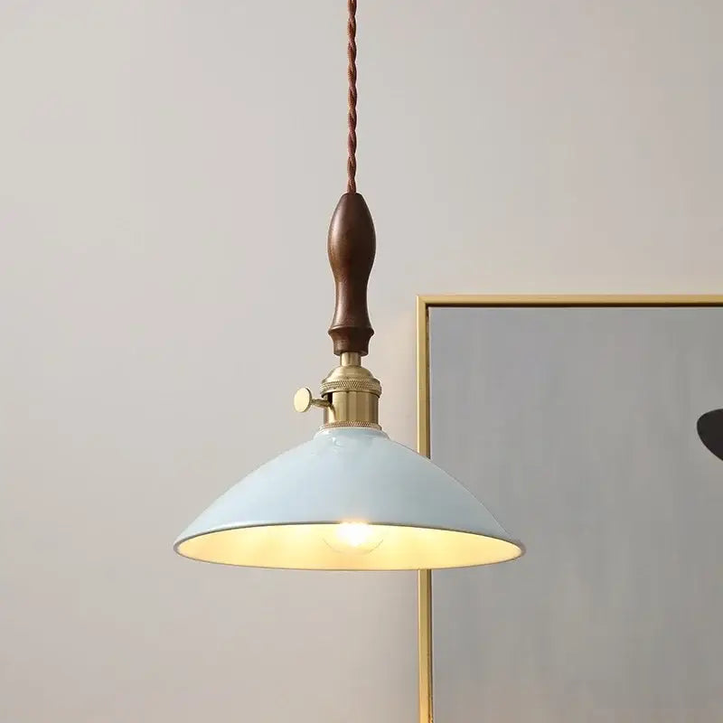 Vintage pale blue enamel pendant light with brass hardware dark wood handle and decorbites ceramic knob switch