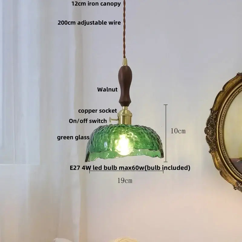 Vintage pale blue enamel pendant light with a green textured glass shade walnut handle and decorbites ceramic knob switch