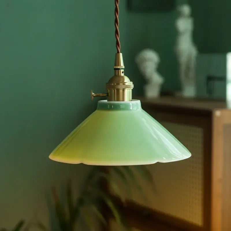 Vintage pale green glass pendant light with gradient shade and brass fixture ideal for dining room decorbites cyan ceramic