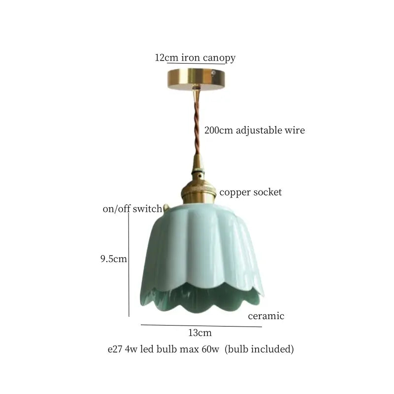 A delicate mint green cyan ceramic pendant light with scalloped edge and brass hardware for dining room decorbites cyan ceramic led