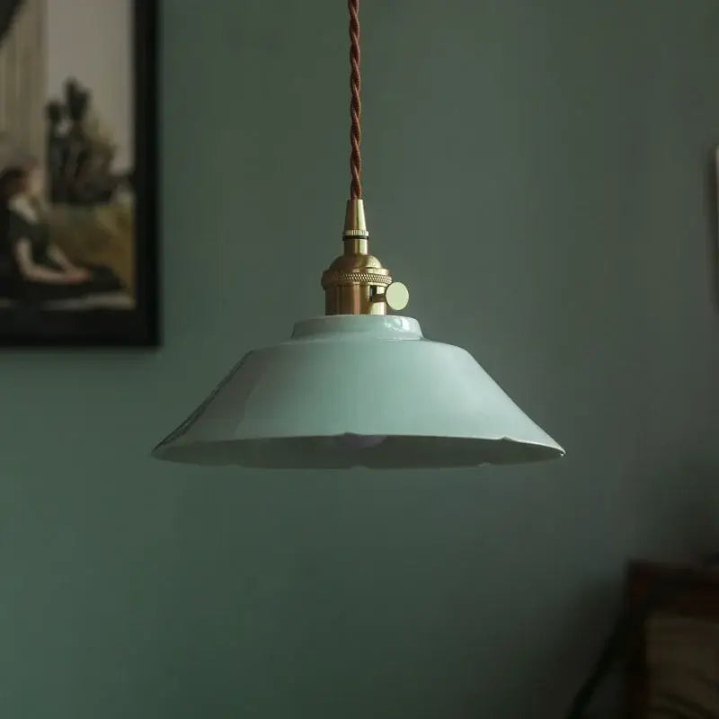 Vintage pale green glass pendant light with brass finish hanging lamp featuring mint ceramic led and twisted copper cord