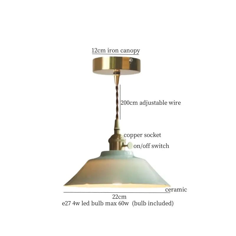 Vintage pale green ceramic pendant light with matte sage shade brass finish iron canopy and copper socket hanging lamp decorbites ceramic led