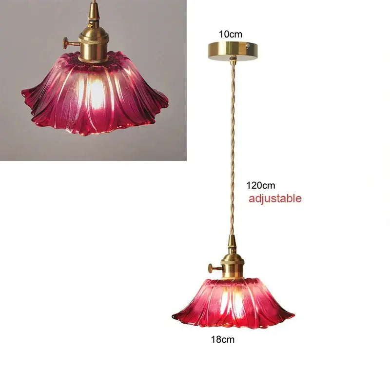 Vintage petal glass pendant light with vibrant red flower-shaped shade and brass hardware bulb included led bulb