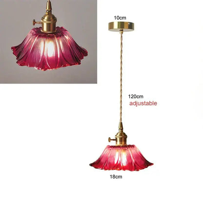 Vintage petal glass pendant light with vibrant red flower-shaped shade and brass hardware bulb included led bulb