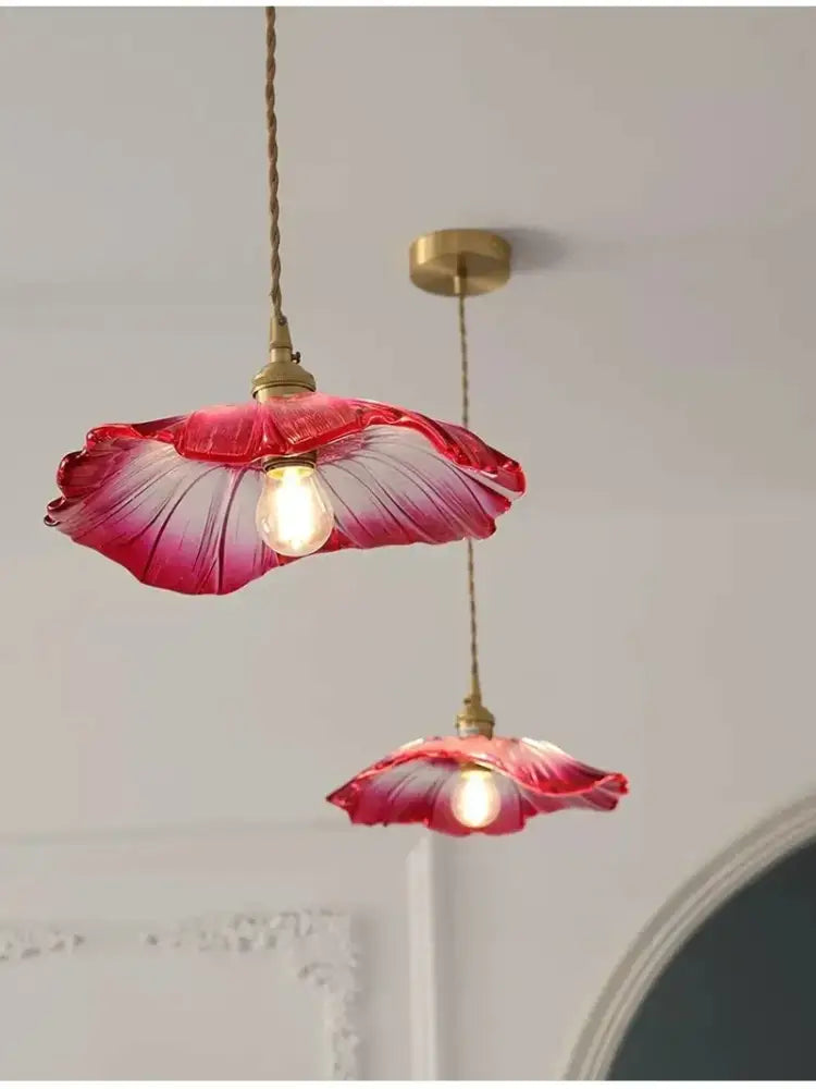 Vintage petal glass pendant light with delicate red and pink glass flower and brass finish led bulb included