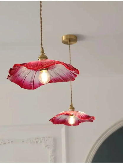 Vintage petal glass pendant light with delicate red and pink glass flower and brass finish led bulb included