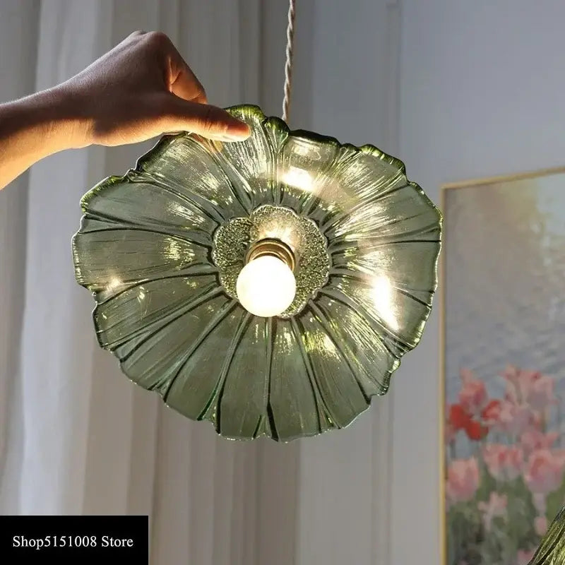 Translucent green vintage petal glass pendant light with hand-blown design and led bulb included for dining room