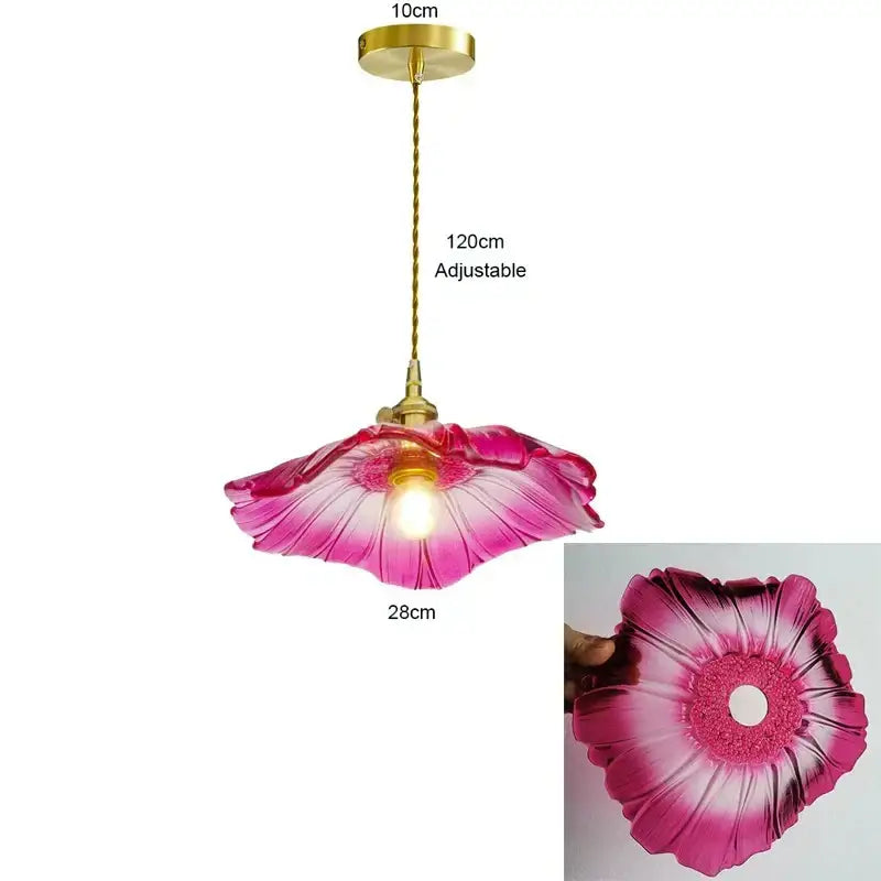 Vintage petal glass pendant light with vibrant pink white gradient, gold metal mount, and led bulb included for dining room
