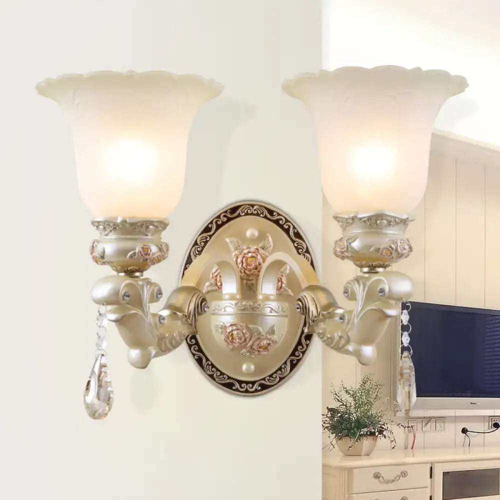 Elegant silver-toned vintage petal glass wall sconce with ornate floral details and frosted shades 110v-120v living room light