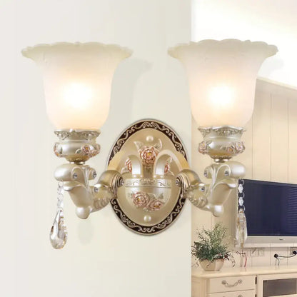 Elegant silver-toned vintage petal glass wall sconce with ornate floral details and frosted shades 110v-120v living room light