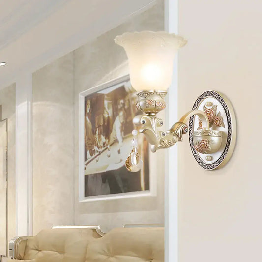 Vintage petal glass 110v-120v wall sconce with frosted shade and ornate gold cream floral metalwork for living room lighting