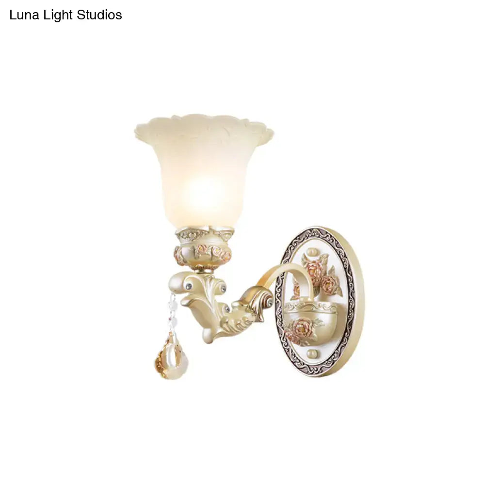 Elegant gold-toned vintage petal glass wall sconce with ornate floral detailing and frosted cream shade 110v-120v living room light