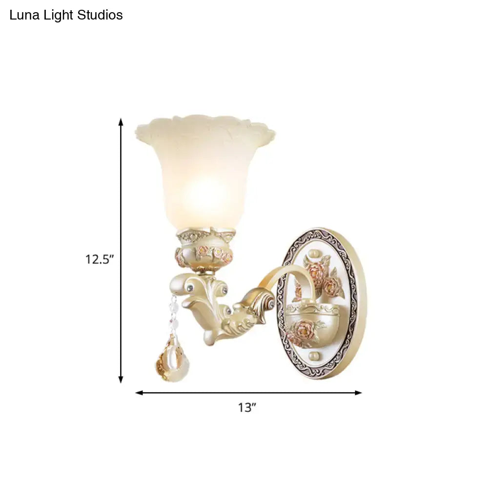 Gold-toned ornate vintage petal glass wall sconce with frosted shade and floral details for 110v-120v living room lighting