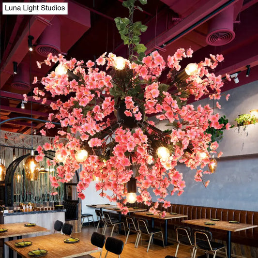 Vintage Pink Starburst Iron Ceiling Light with Cherry Blossom Decor - 13 Heads, Restaurant Chandelier Fixture