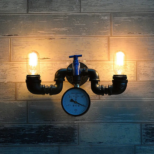 Vintage Pipe Wall Lamp with Pressure Gauge and Faucet Accent - 2 Light Metal Sconce in Black