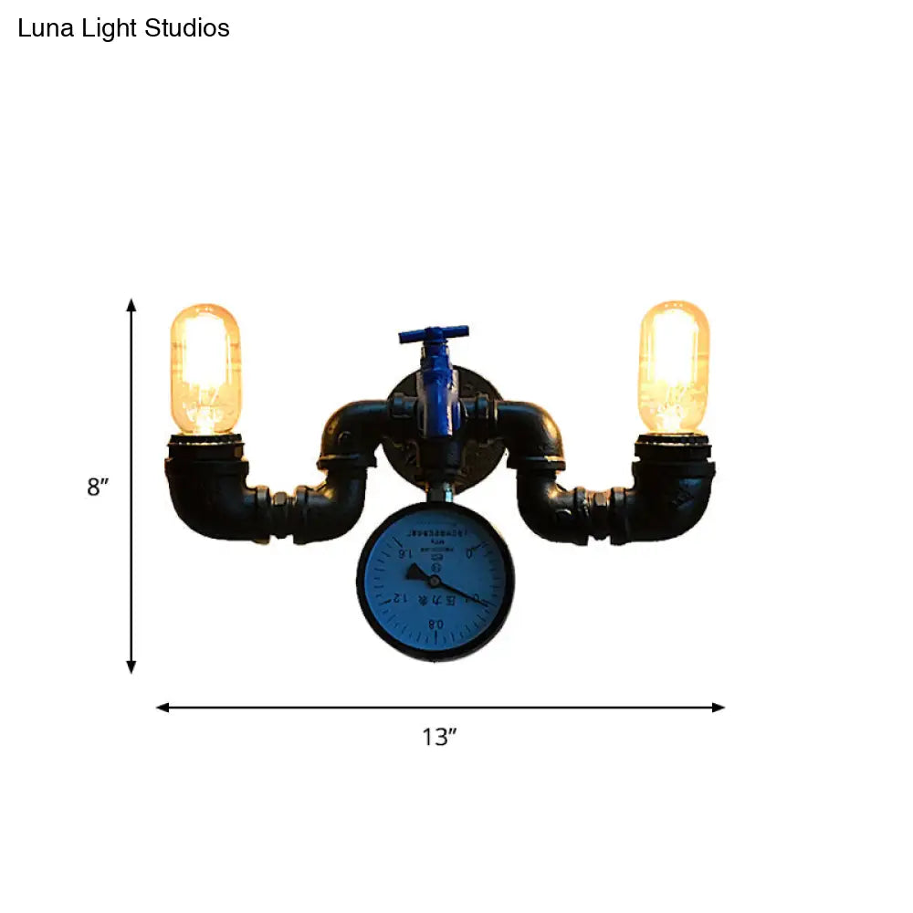 Vintage Pipe Wall Lamp with Pressure Gauge and Faucet Accent - 2 Light Metal Sconce in Black