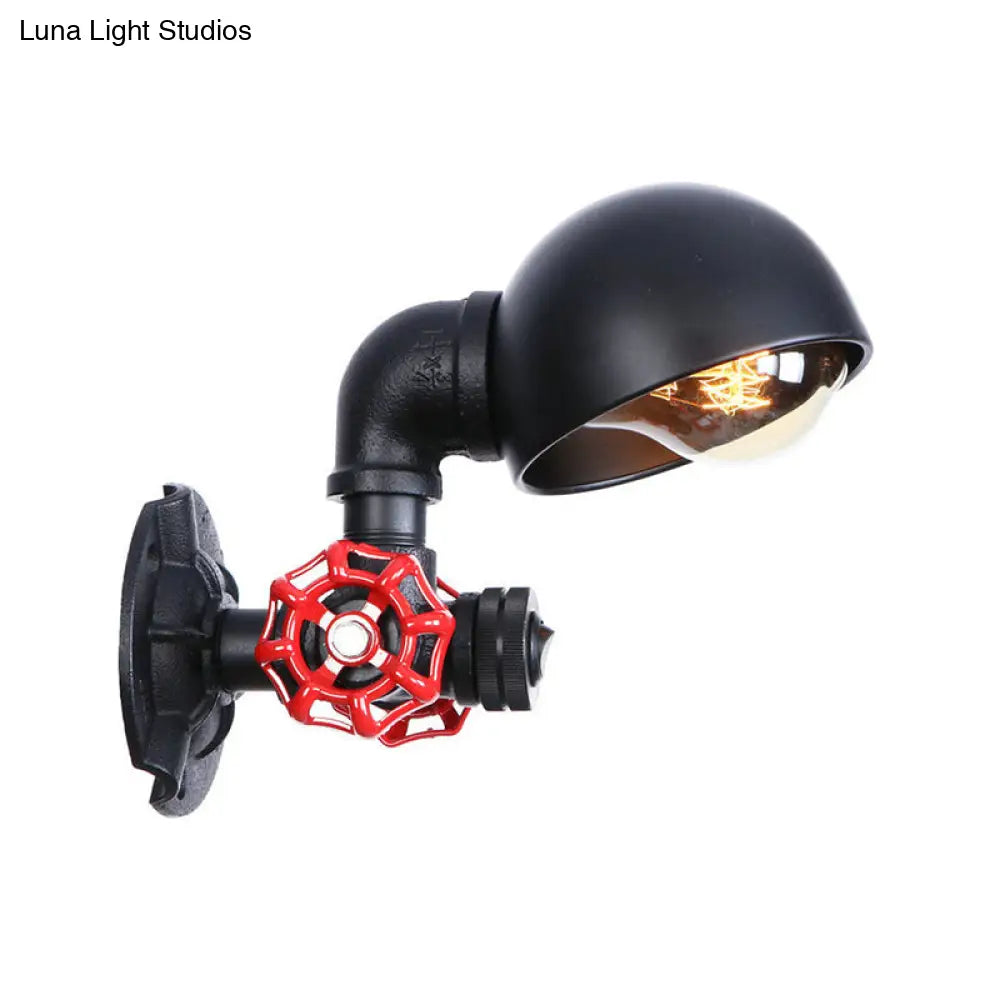 Vintage Pipe Wall Light with Dome Shade and Valve Wheel - Metallic Black Sconce Fixture