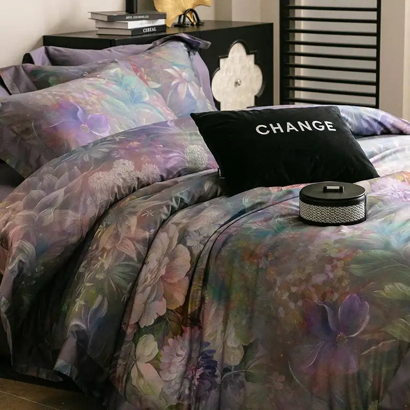 Vintage purple floral bedding set with soft satin texture in muted lavender pink and green decorbites 1000tc egyptian cotton