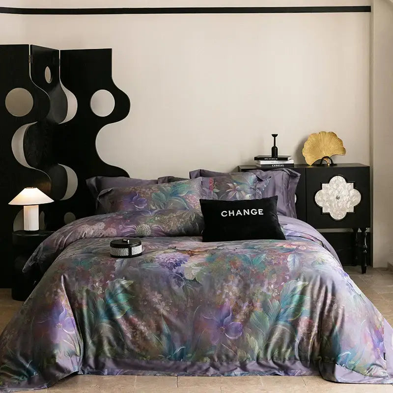 Vintage purple floral bedding set featuring 1000tc egyptian cotton with intricate lavender teal botanical pattern
