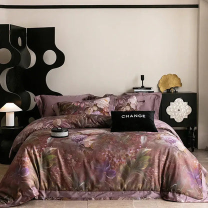 Vintage purple floral 1000tc egyptian cotton bedding set with satin duvet cover and black change accent pillow