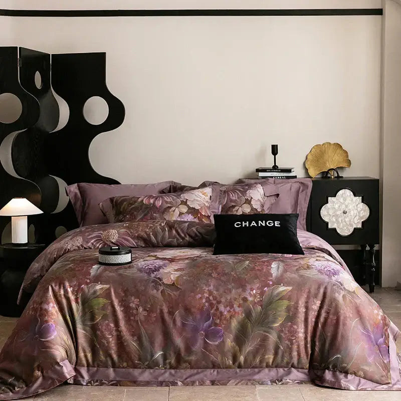 Vintage purple floral 1000tc egyptian cotton bedding set with satin duvet cover and black change accent pillow