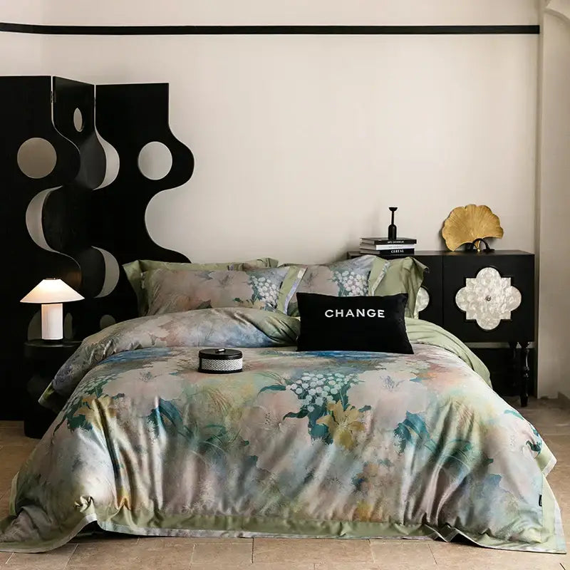 Luxurious satin vintage purple floral bedding set with soft watercolor floral pattern in muted greens and blues decorbites 1000tc egyptian cotton