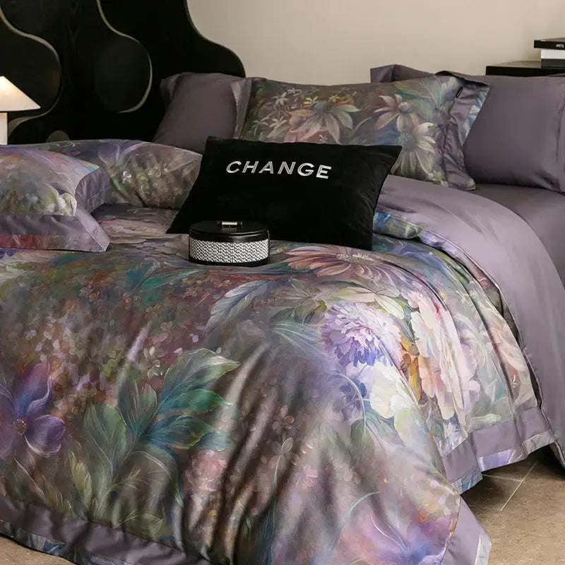 Vintage purple floral bedding set featuring a satin sheen 1000tc egyptian cotton for elegant bedroom decor