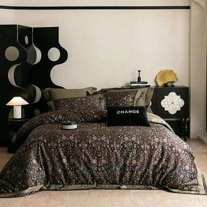 Dark brown and olive green patterned duvet set with intricate floral embroidery in vintage purple 1000tc egyptian cotton bedding set by decorbites