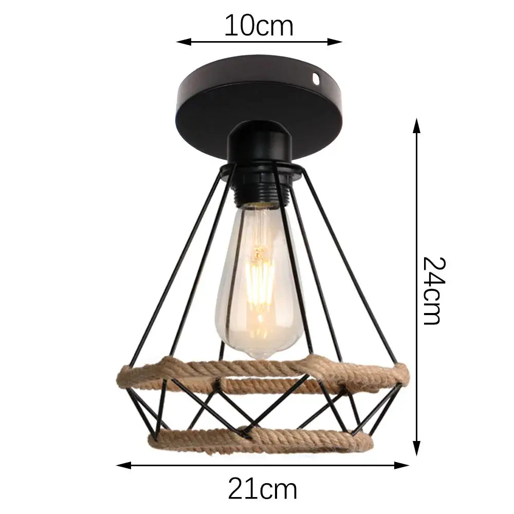 Vintage rattan black metal cage pendant light with handmade hemp rope ceiling accents and exposed edison bulb for dining room decorbites handmade hemp
