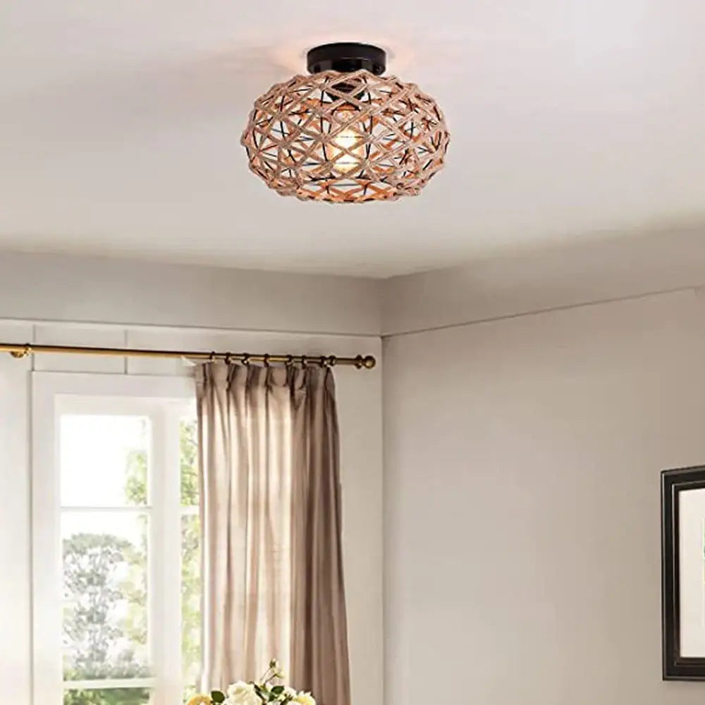 Vintage rattan woven ceiling light with black metal base featuring handmade hemp rope for dining room decorbites handmade hemp